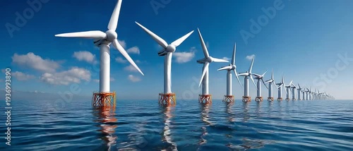Harnessing Wind's Power: A mesmerizing view of offshore wind turbines standing tall on the water under a vast, bright sky, symbolizing sustainable energy. 