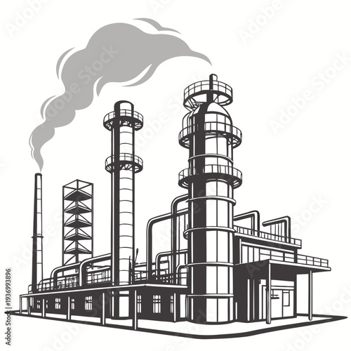 Industrial refinery complex with smokestacks and pipes