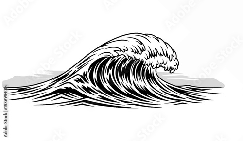 Black and white drawing of a large cresting wave with stylized foam and subtle background elements