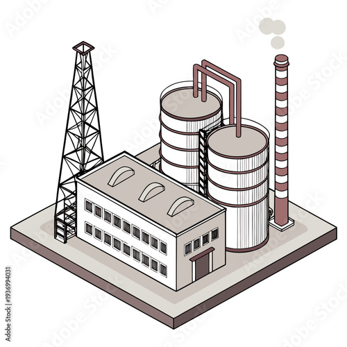 Isometric view of a petrochemical plant with a derrick and smokestack