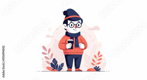 A stylized figure in winter attire holds a warm beverage amidst a backdrop of foliage