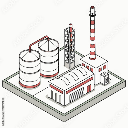 Isometric view of a petrochemical plant with storage tanks and smokestack