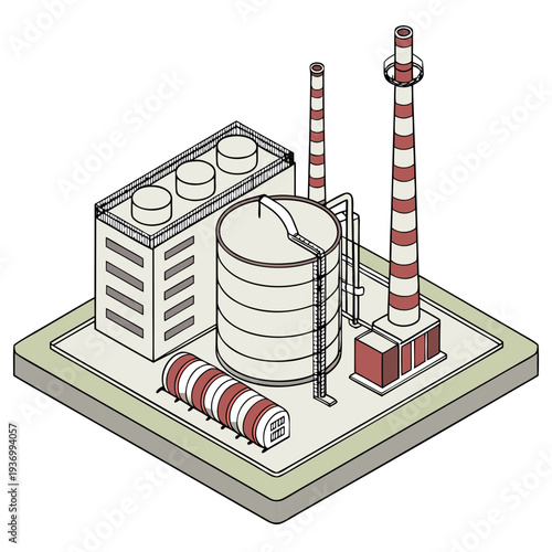 Isometric view of a petrochemical plant with smokestacks