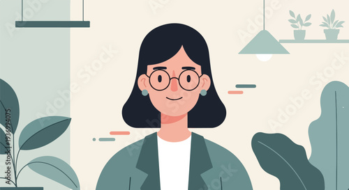 Stylized portrait of a woman with glasses and plants in a modern office interior