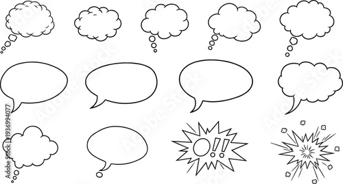 Speech bubbles, comic cloud thought balloons, empty chat bubbles, message frames, communication talk bubbles, dialogue boxes, vector illustration.
