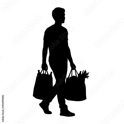 Silhouette of a man walking and carrying two shopping bags.