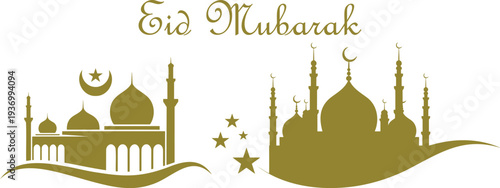 Golden silhouette mosques with crescent moons and stars celebrate the festive occasion of Eid Mubarak