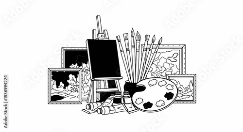 An artist's studio setup with easel, canvases, brushes, paint tubes, and palette