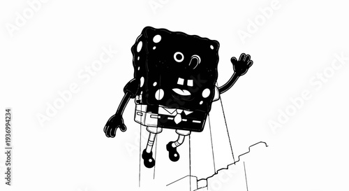 Black and white animated character on strings, with wavy lines below