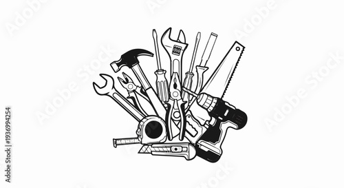 Assorted hand and power tools arranged in a fan shape