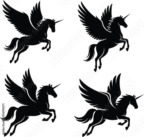 Four black winged horses or pegasus flying in different directions on white background