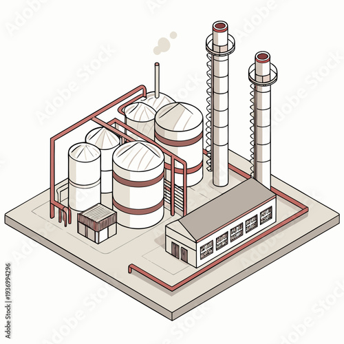 Isometric view of large oil refinery with smokestacks and storage tanks