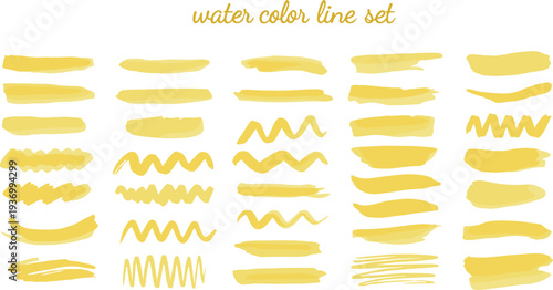 Yellow watercolor brush strokes, artistic paint line elements, hand drawn texture smears, golden ink stains isolated on white background.