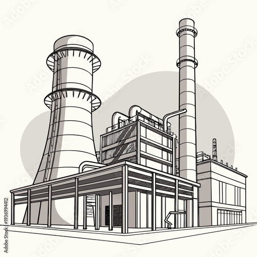 Of a power plant with cooling tower and smokestack