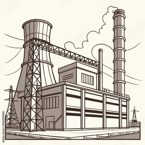 Power generation station with cooling tower and smokestack