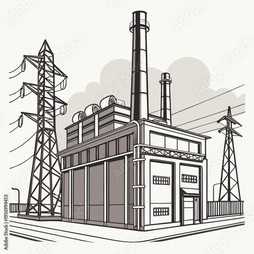 Power generation station with smokestacks and transmission towers