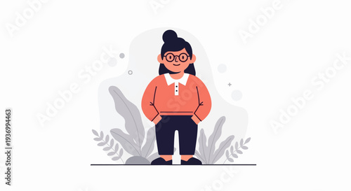 Character with glasses and casual outfit standing amidst stylized plants and abstract shapes