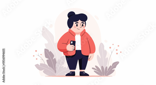 A cheerful, stylized person holds a phone amidst soft, abstract plant-like shapes