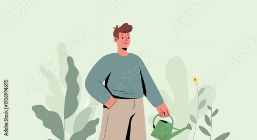 Cheerful person watering plants with a green can amidst abstract foliage