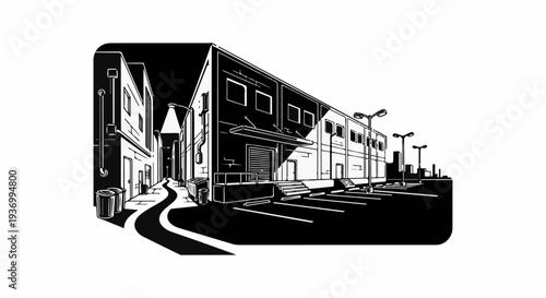 Black and white illustration of an industrial alleyway with buildings and streetlights