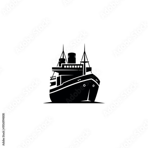Front view of a cargo ship in black and white.
