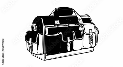 Black and white illustration of a multi-pocketed duffel bag with straps and buckles