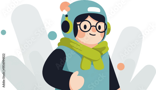 Cheerful cartoon character in winter gear with round glasses and a green scarf
