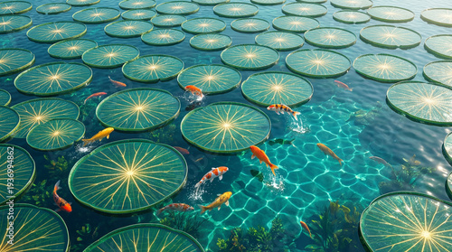 Futuristic floating solar farm designed as giant green lotus leaves with koi fish in clear water.