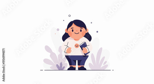 Chubby cartoon character in white shirt and blue pants holding a book