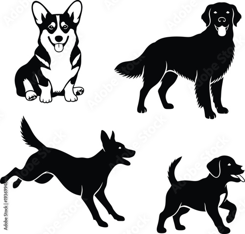 Four silhouette dogs of different breeds and sizes