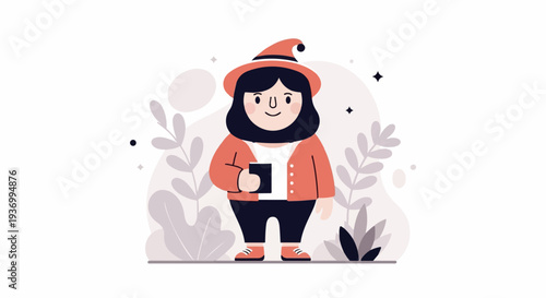 A cheerful cartoon character wearing a hat and jacket, holding a book, surrounded by plants