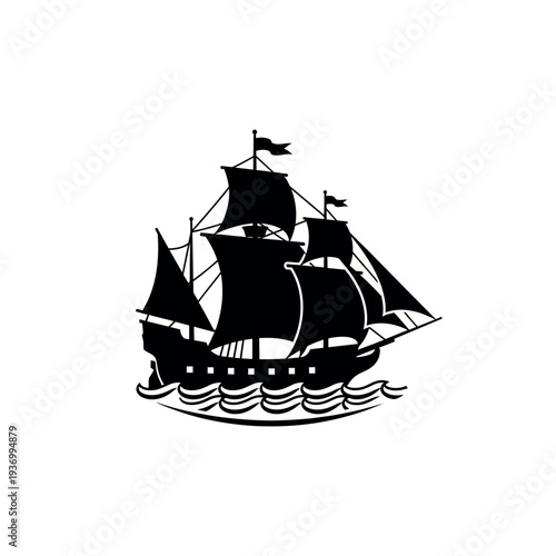 Sailing ship silhouette on waves.