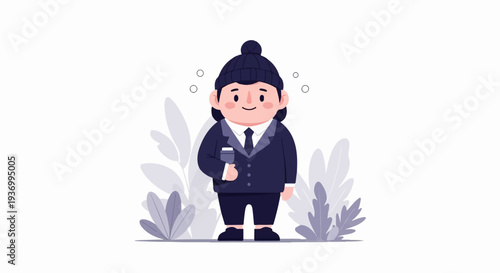 Cute person in a suit and beanie holds a drink