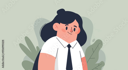 Animated person in formal attire, surrounded by abstract plant shapes