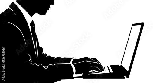Silhouette of a professional person in a suit typing on a laptop, depicting work or business.