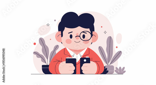 A person with a monocle and a suit jacket holds two phones in front of potted plants