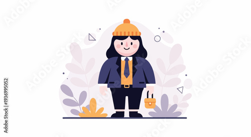 Chubby person in a suit and beanie, carrying a small purse, with abstract plants