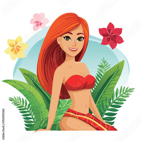 Woman with red hair and flowers in tropical surroundings