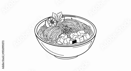 Bowl of noodles with tofu, lemon slice, and herbs