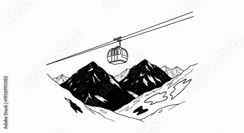 Black and white sketch of a cable car traversing snow-capped mountains