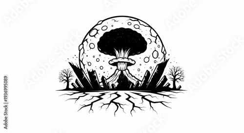Stark monochrome depiction of a mushroom cloud erupting behind a cracked moon