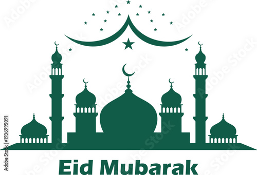 A beautiful green mosque silhouette with crescent moon and stars celebrates the joyful Eid Mubarak holiday