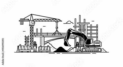 Construction site with crane, excavator, workers, and scaffolding