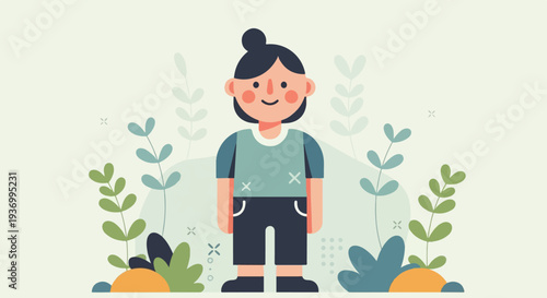 Minimalist illustration of a child surrounded by abstract foliage and gentle, rounded shapes