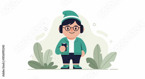 Cheerful character with headphones and phone, surrounded by stylized plants and abstract shapes