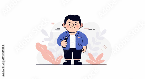 A cheerful person in a blue jacket holds a microphone