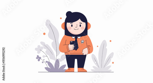 Cheerful character with headphones and phone, surrounded by stylized plants