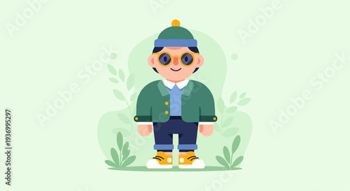 Flat illustration of a character with a hat, glasses, jacket, and shoes against a green leafy background