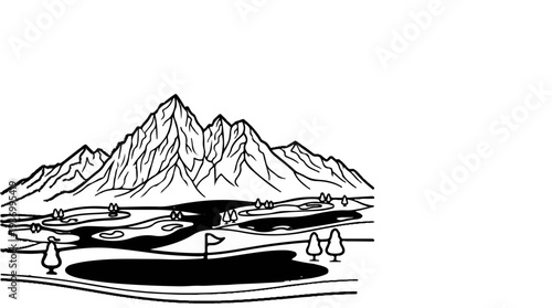Scenic mountain range overlooking a golf course with water hazards