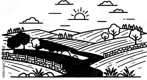 Rolling hills with a winding river and sunlit sky above